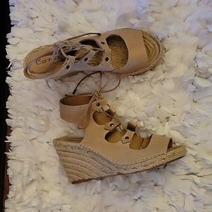 CARMEN SAIZ tan leather platform wedge lace up rope espadrille sandals 6.5 EUC…